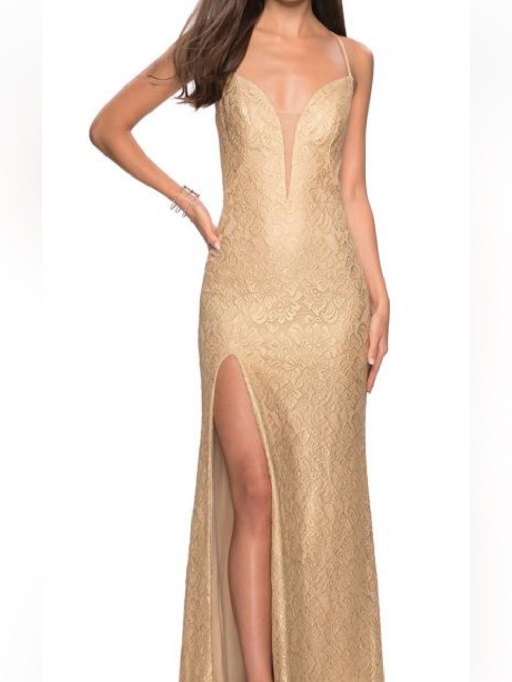 la Femme gold lace gown with high front slit and train